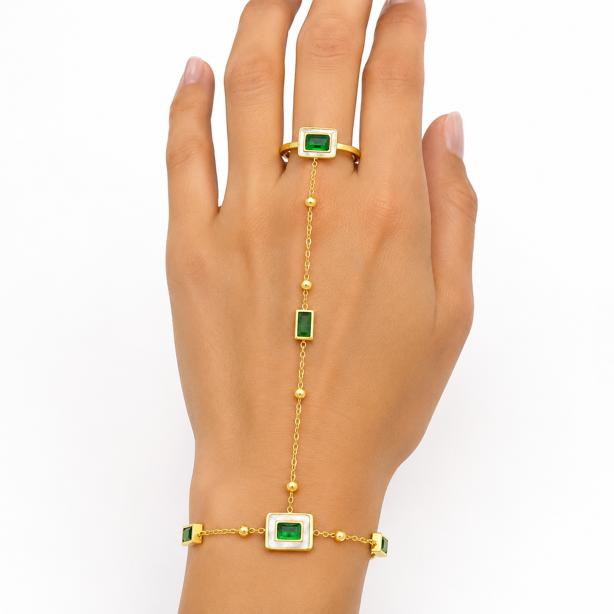Gold Hand Chain Bracelet Ring with Green Crystal Stones for Women