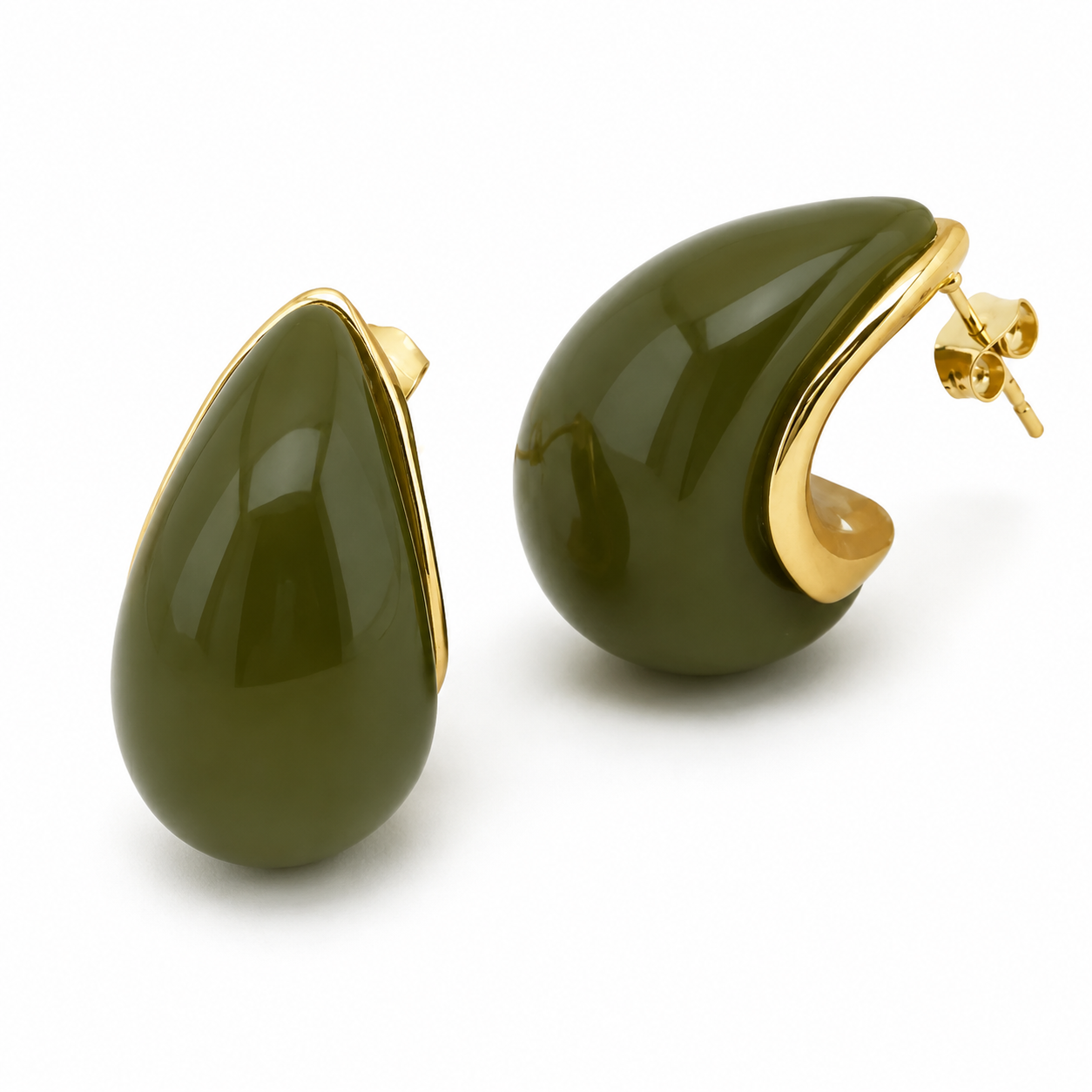 Olive Resin Teardrop Statement Earrings Gold Tone Stainless Steel Stud Earrings
