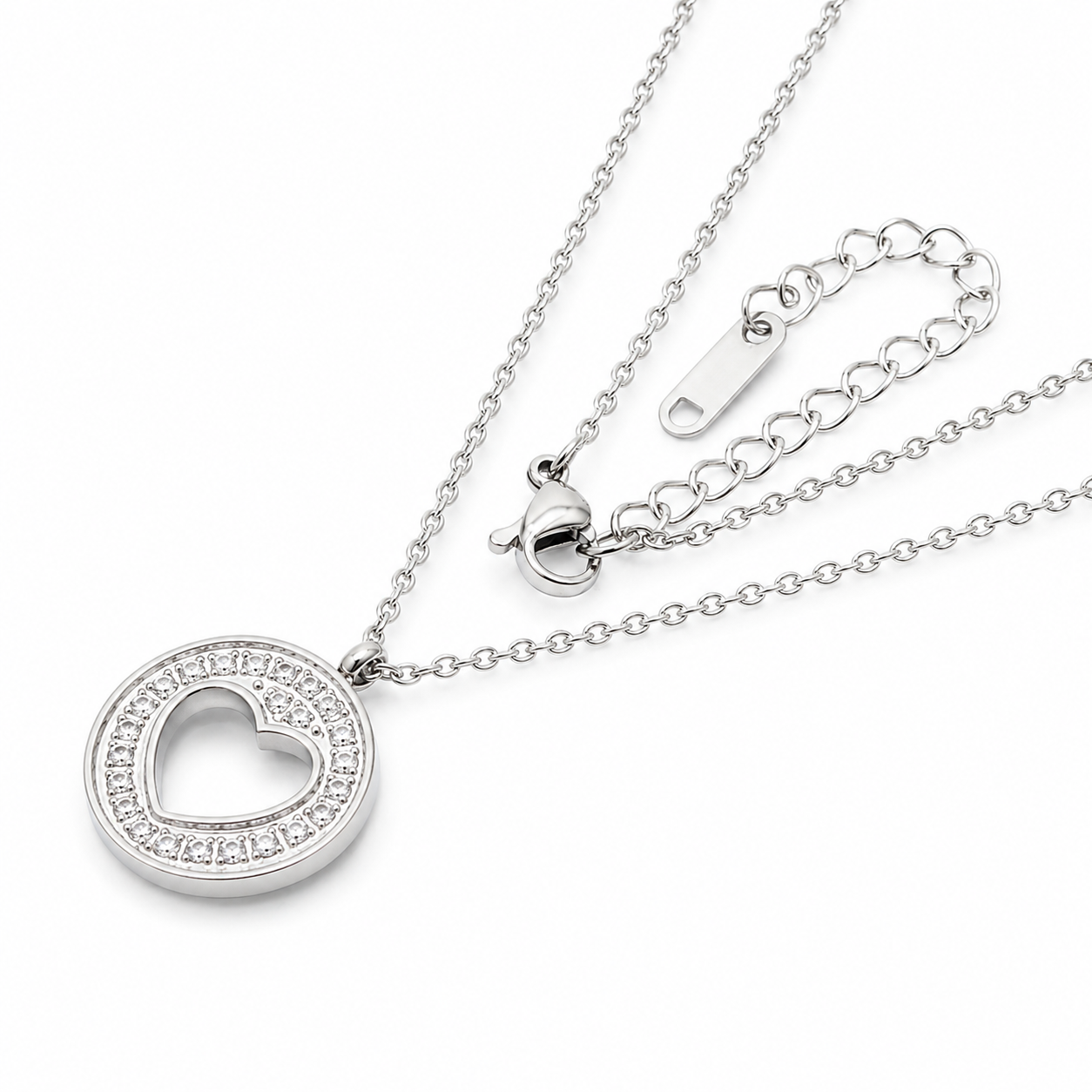 Crystal Heart Silver Stainless Steel Necklace