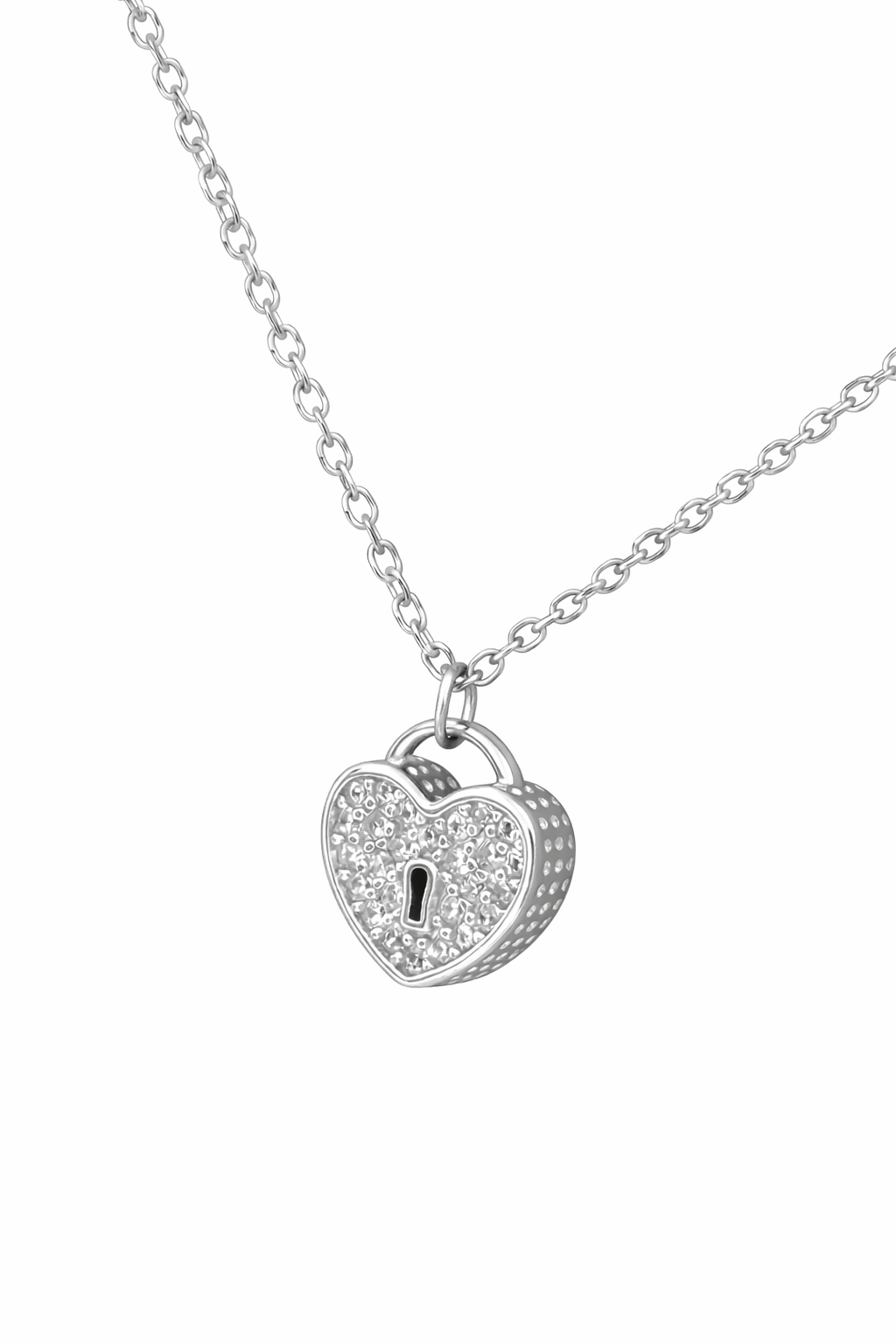 925 Sterling Silver Heart Lock Necklace with Pavé Stones Romantic Keyhole Pendant