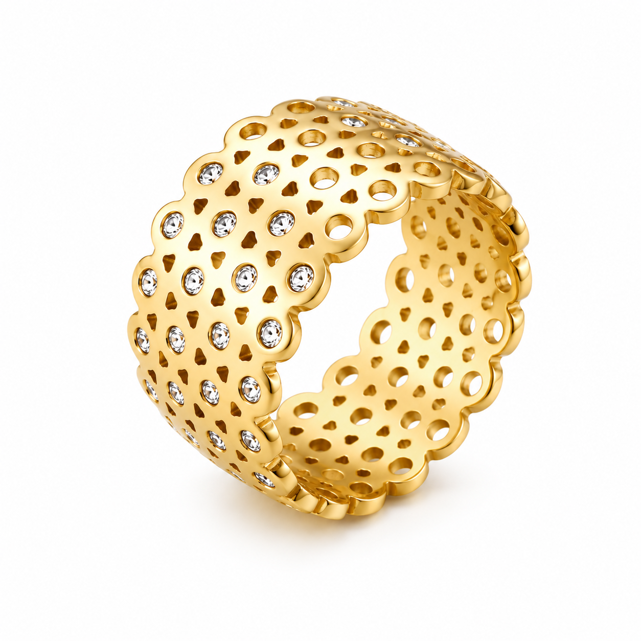 Gold Rhinestone Wide Band Ring for Women Stainless Steel Statement Ring