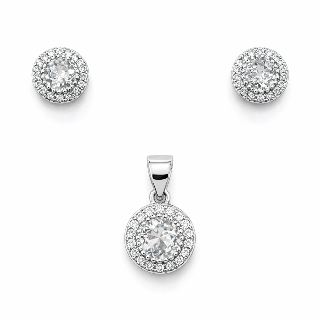 Set 925 Sterling Silver Halo Pendant & Stud Earrings Set with Pavé Stones Elegant Sparkle Jewelry Set