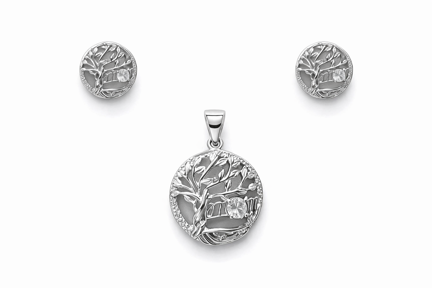 Set 925 Sterling Silver “Mom” Tree of Life Necklace & Stud Earrings Set with Pavé Stones Meaningful Jewelry Set