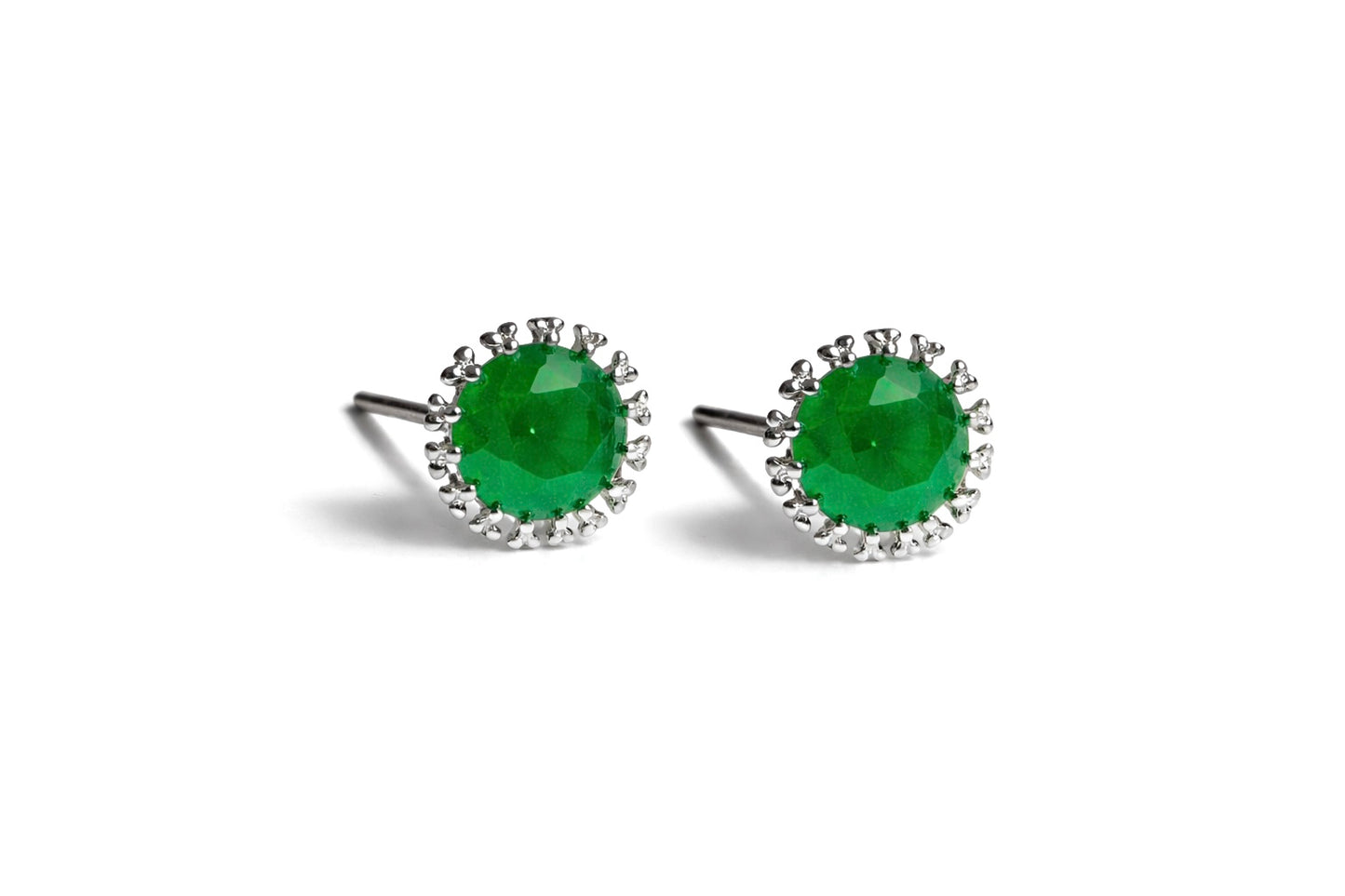 Round Green Stone Stud Earrings with Floral Silver Setting