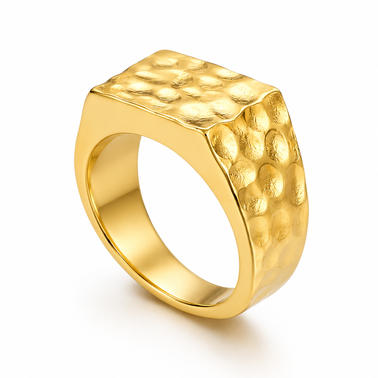 Gold Hammered Signet Ring Vintage Textured Stainless Steel Statement Ring