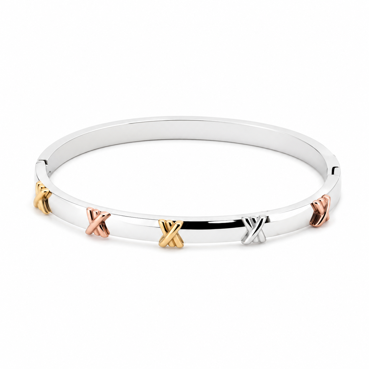 Tri Color X Station Bangle Bracelet for Women Stainless Steel Hinged Cuff