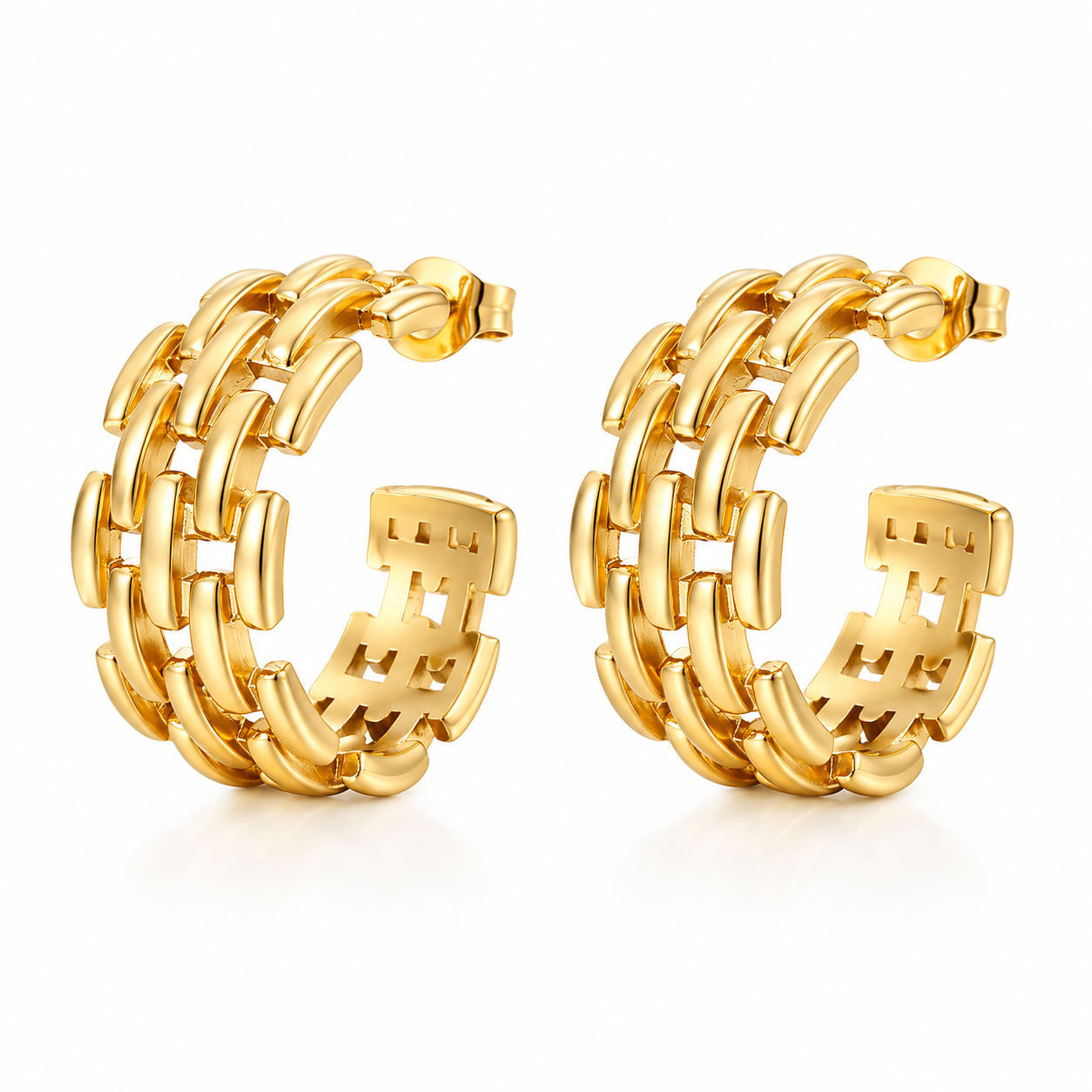 Triple Link Hoop Earrings Gold Stainless Steel Chunky