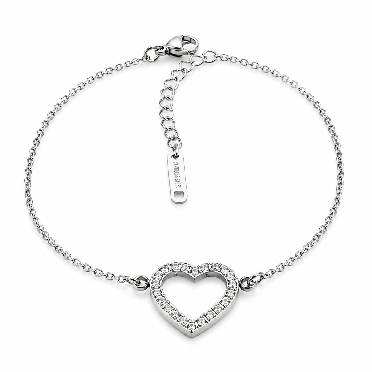 Crystal Heart Silver Stainless Steel Bracelet
