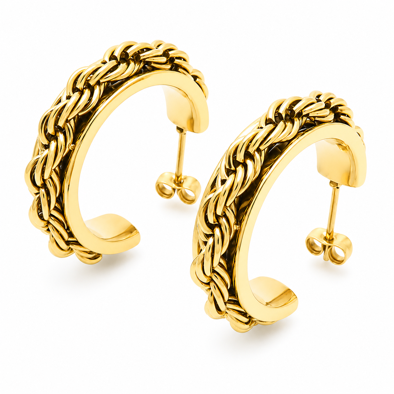 Braided Statement Hoop Earrings Bold Gold Stainless Steel Contemporary Earrings