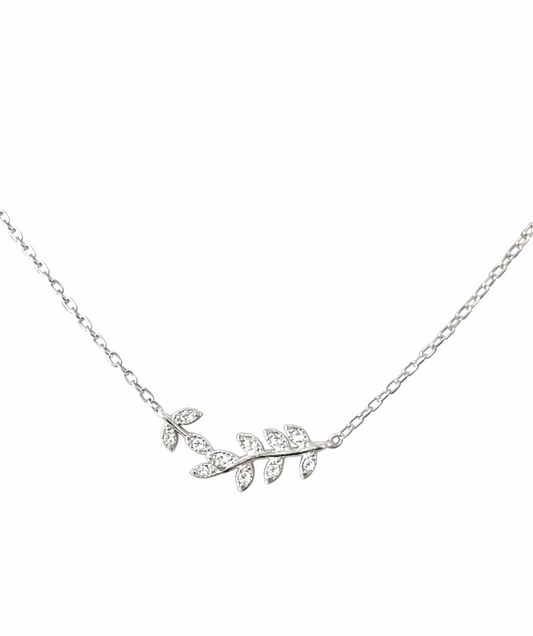 Diamond Inspired Leaf Branch Sterling Silver Necklace 925 Silver