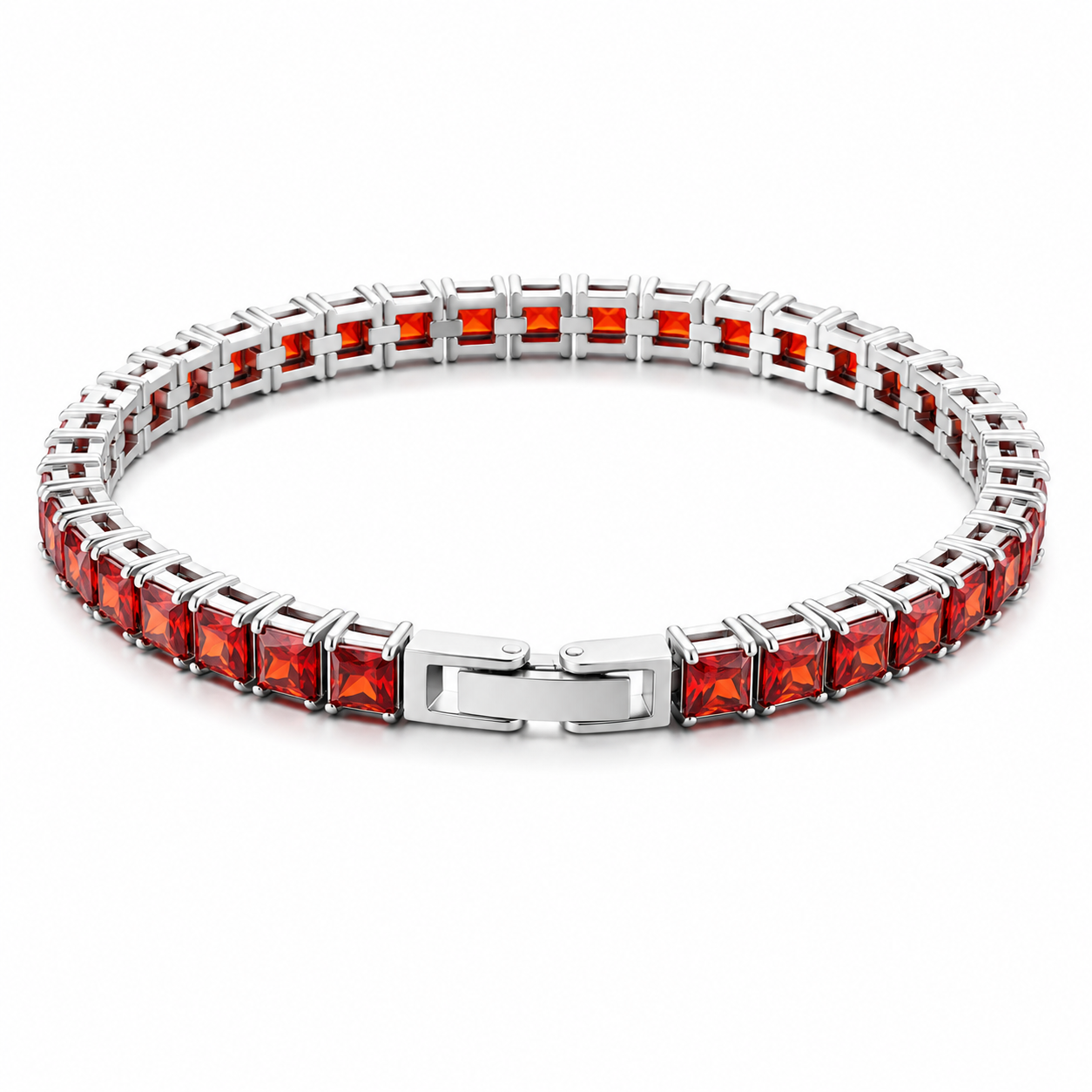 Red Princess Cut Tennis Bracelet in Silver