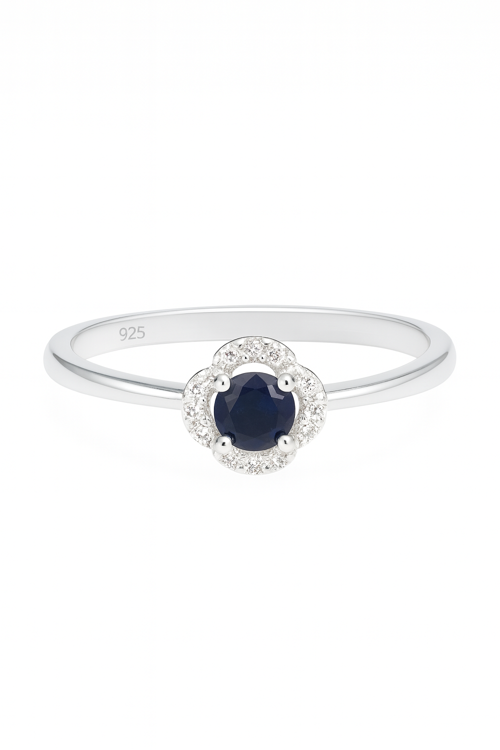 925 Sterling Silver Floral Halo Ring with Blue Stone