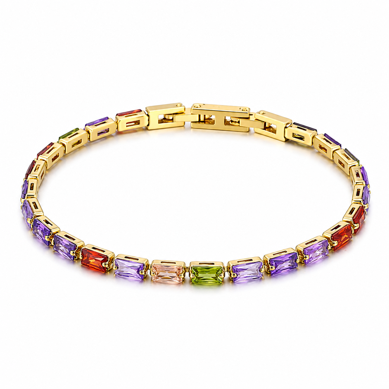 Pastel Rainbow Baguette Tennis Bracelet Gold Stainless Steel
