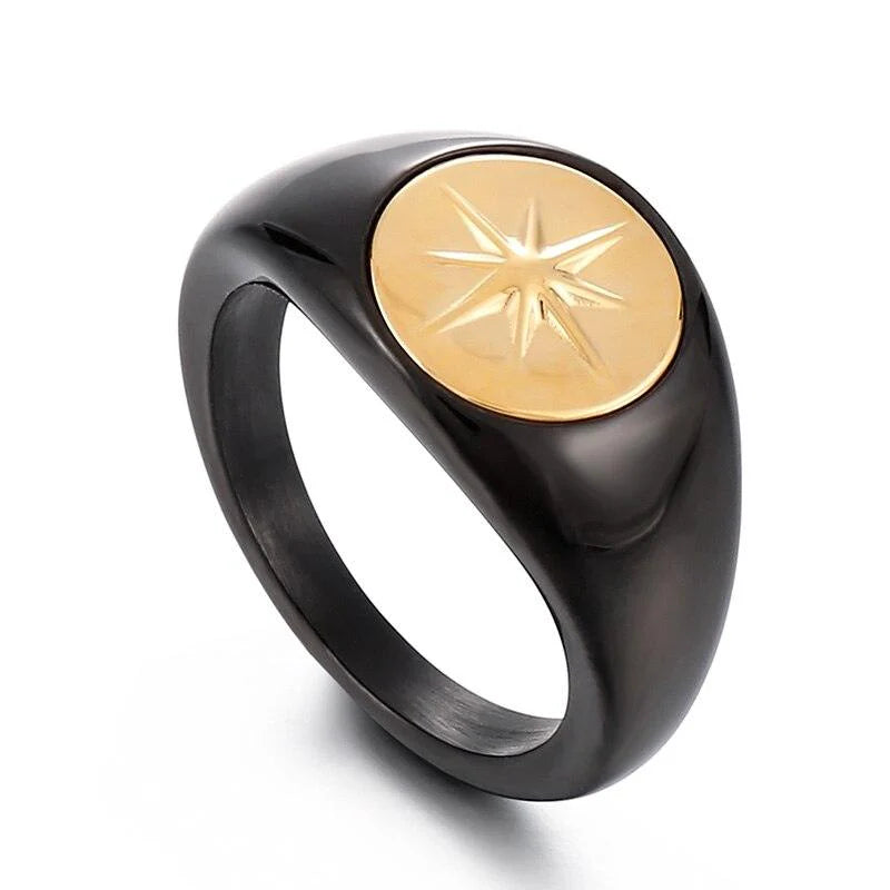 Black Gold Star Signet Ring Vintage Stainless Steel Statement Ring