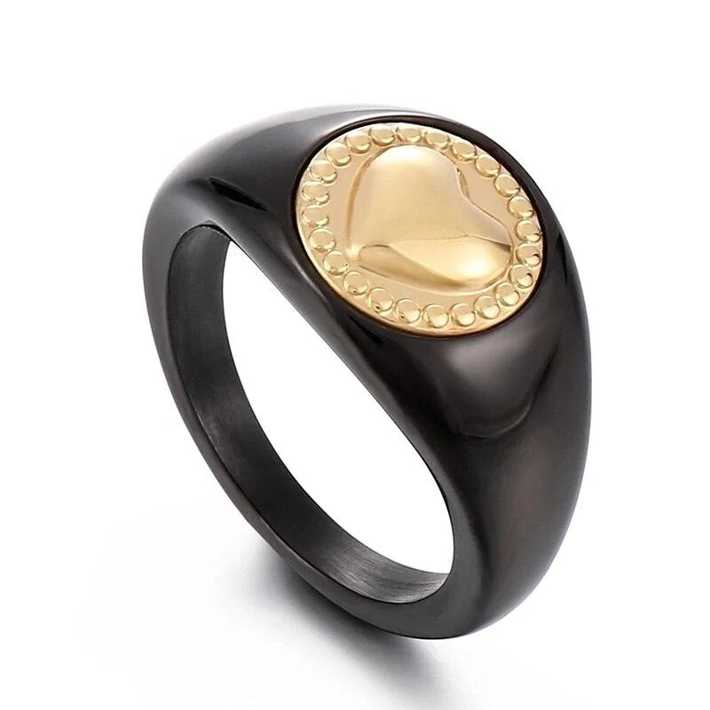 Black Heart Signet Ring for Women Gold Tone Stainless Steel Statement Ring