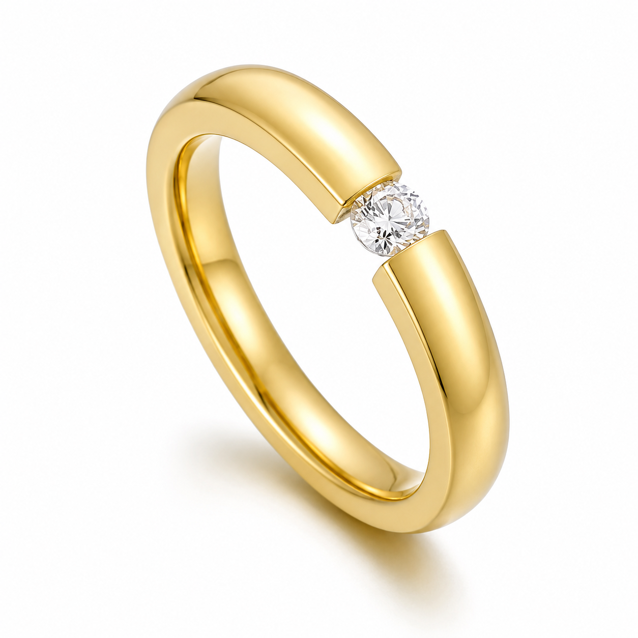 Gold Solitaire CZ Ring Minimalist Open Band Stainless Steel Ring