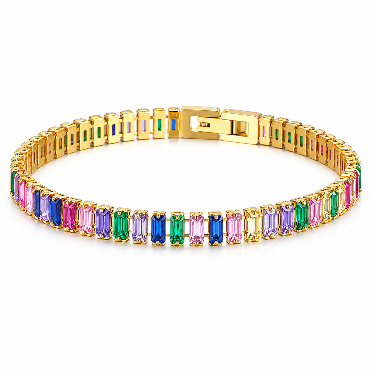 Gold Baguette Crystal Tennis Bracelet Colorful Stainless Steel Bracelet