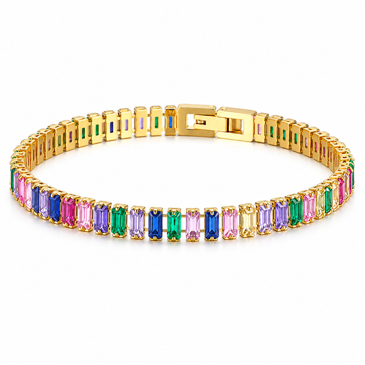 Gold Baguette Crystal Tennis Bracelet Colorful Stainless Steel Bracelet