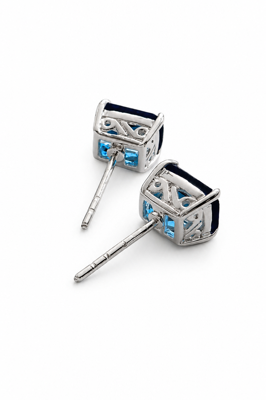 925 Sterling Silver Blue Sapphire Stud Earrings Emerald Cut Deep Blue Gemstone Earrings