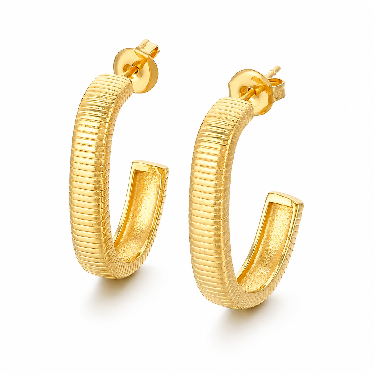 Ribbed Statement Hoop Earrings Bold Gold Stainless Steel Contemporary Hoops