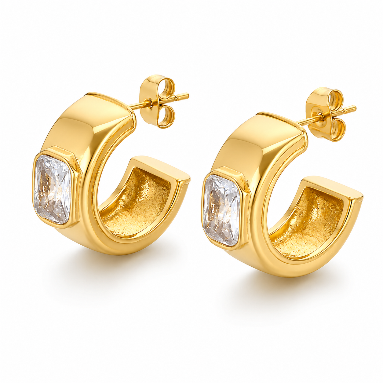 Crystal Accent Huggie Earrings Bold Gold Stainless Steel Statement Hoops