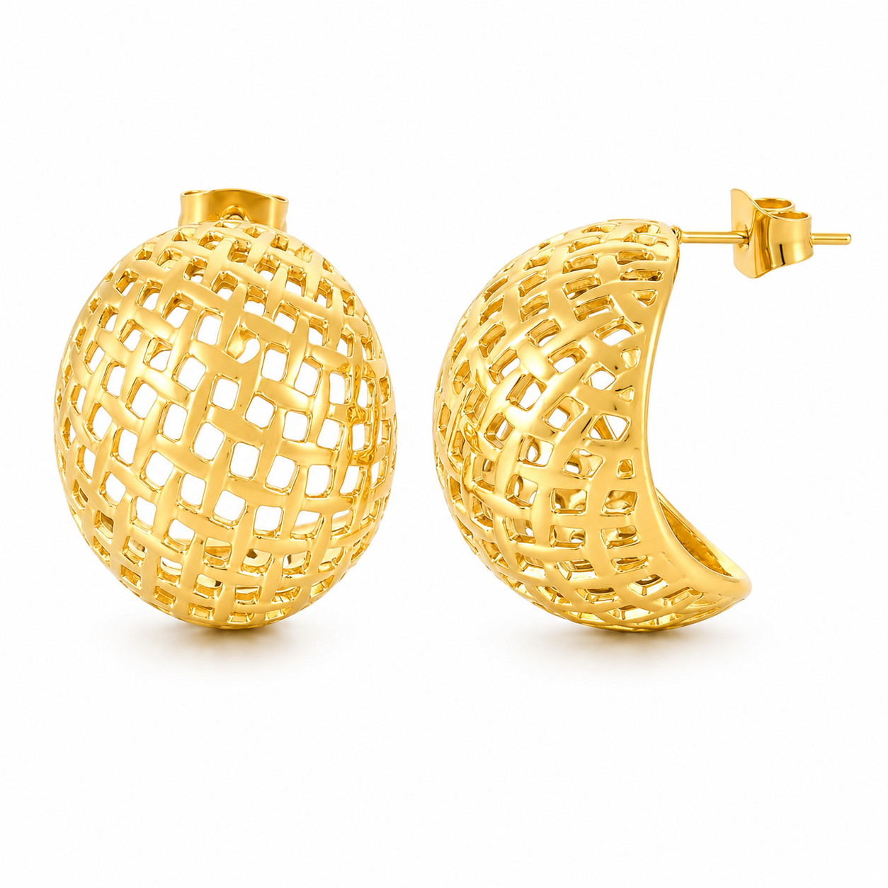 Basket Dome Earrings Bold Gold Stainless Steel Statement Stud Earrings Contemporary Luxury Jewelry