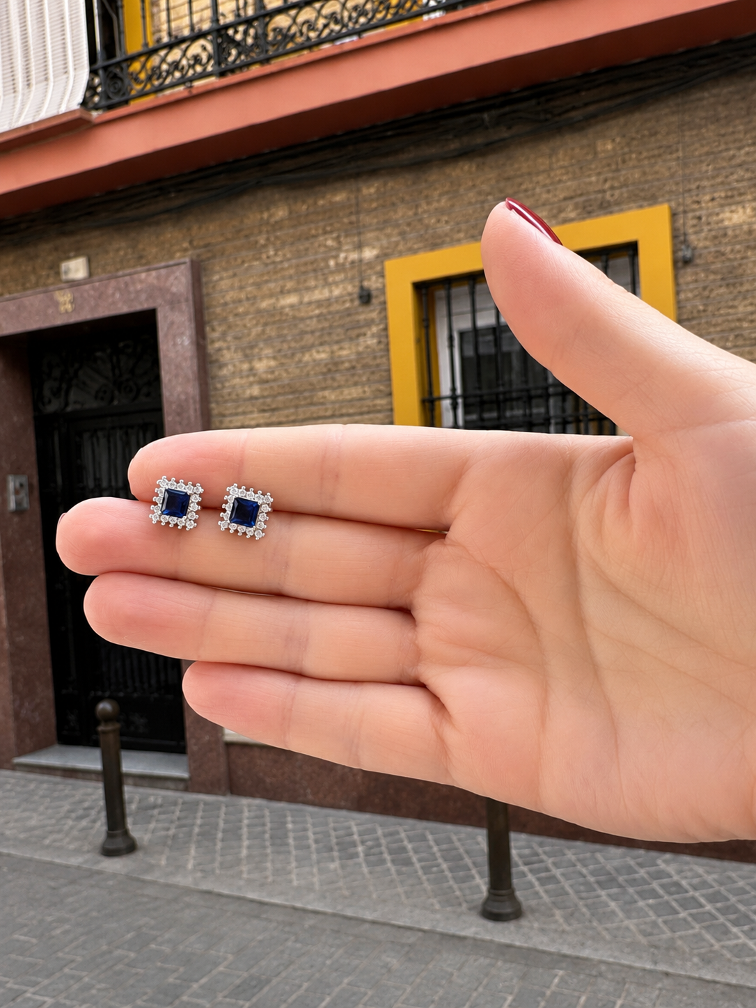 Inspired Blue Sapphire Halo Stud Earrings in 925 Sterling Silver
