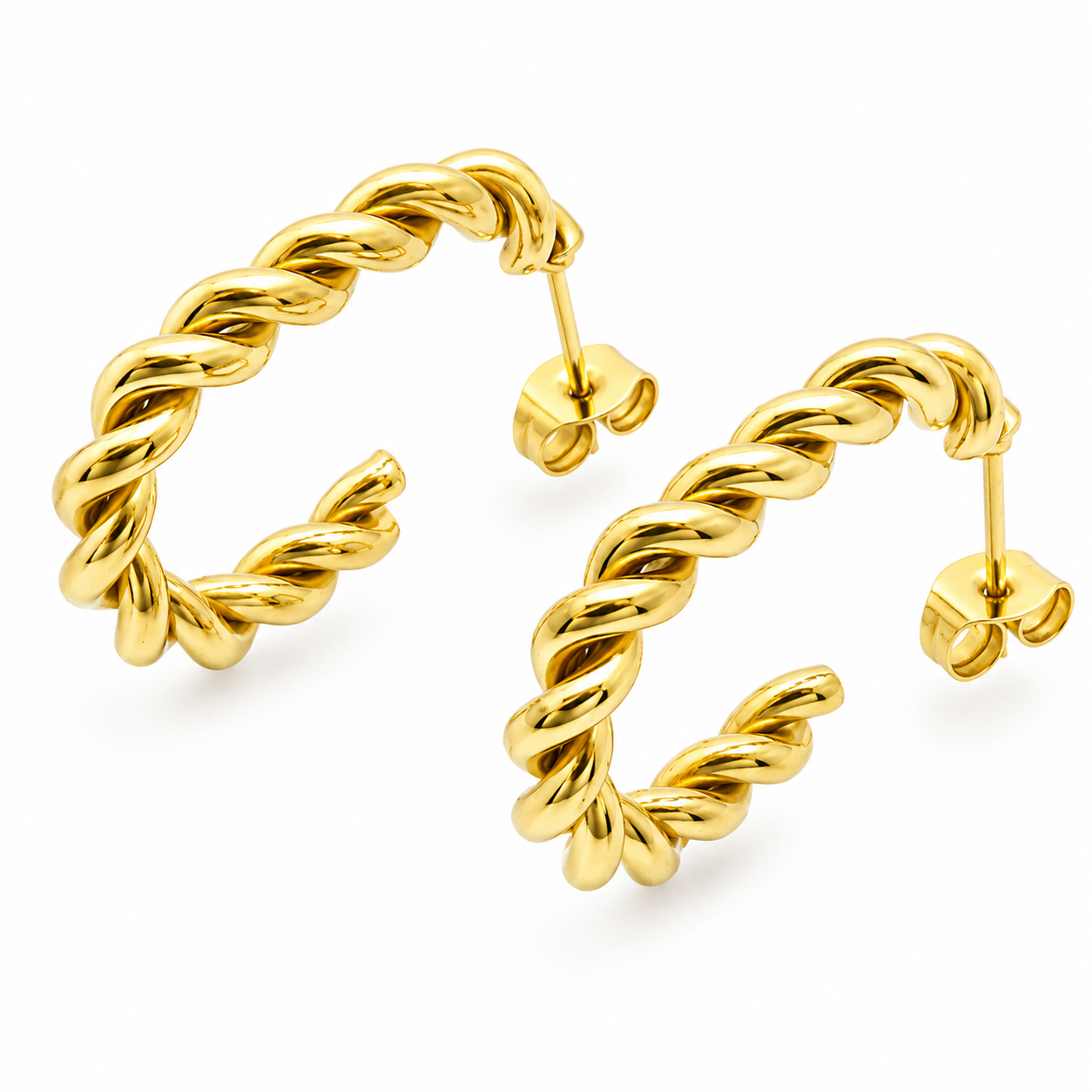 Twisted Open Hoop Earrings Bold Gold Stainless Steel Statement Earrings