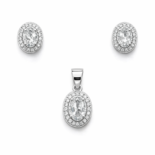 925 Sterling Silver Oval Halo Necklace & Stud Earrings Set with Pavé Stones Elegant Sparkle Jewelry Set