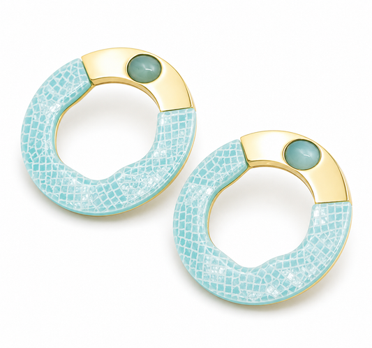 Textured Aqua &amp; Gold Statement Earrings