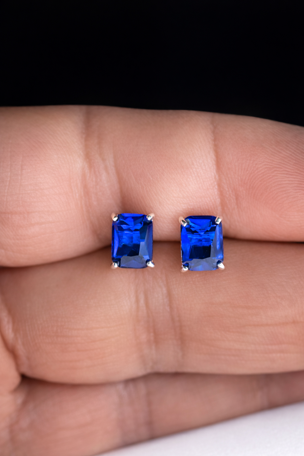 925 Sterling Silver Blue Sapphire Stud Earrings Emerald Cut Deep Blue Gemstone Earrings