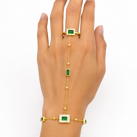 Gold Hand Chain Bracelet Ring with Green Crystal Stones for Women