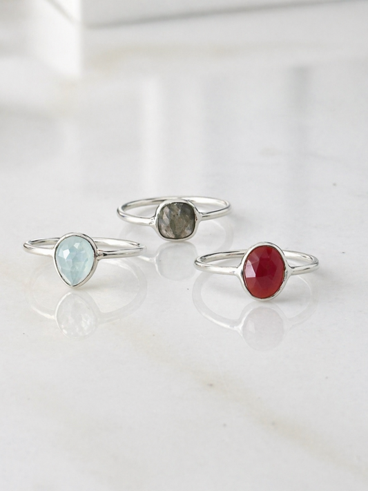 925 Sterling Silver Natural Gemstone Ring Set of 3 Minimalist Stackable Rings