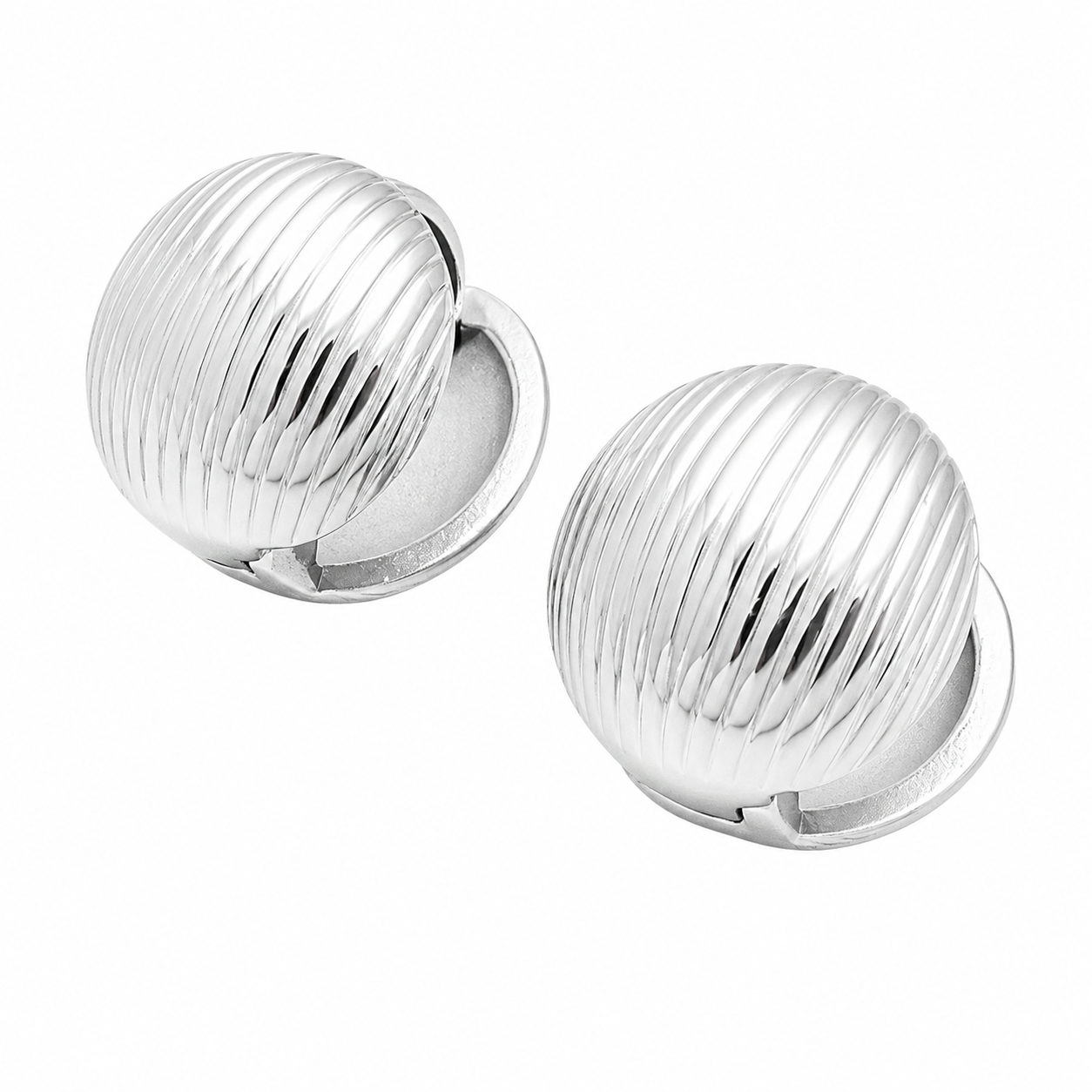 Ribbed Dome Huggie Earrings Contemporary Silver Stainless Steel Statement Hoops