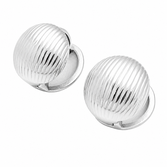 Ribbed Dome Huggie Earrings Contemporary Silver Stainless Steel Statement Hoops