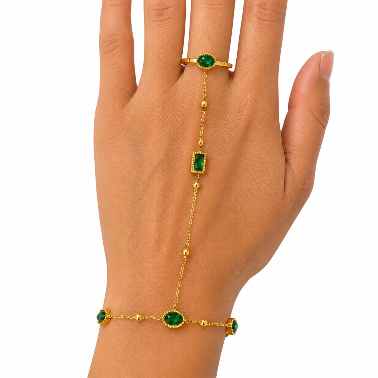 Gold Hand Chain Bracelet Ring with Emerald Green Crystal Stones for Women