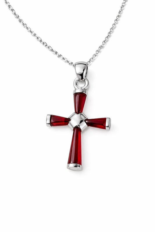 925 Sterling Silver Cross Necklace with Red Crystal Accents