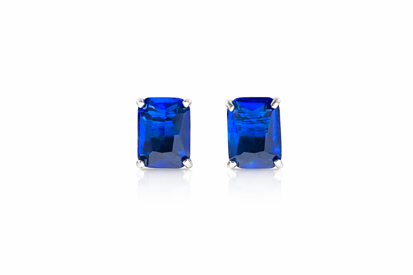 925 Sterling Silver Blue Sapphire Stud Earrings Emerald Cut Deep Blue Gemstone Earrings