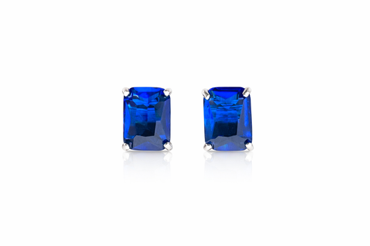 925 Sterling Silver Blue Sapphire Stud Earrings Emerald Cut Deep Blue Gemstone Earrings