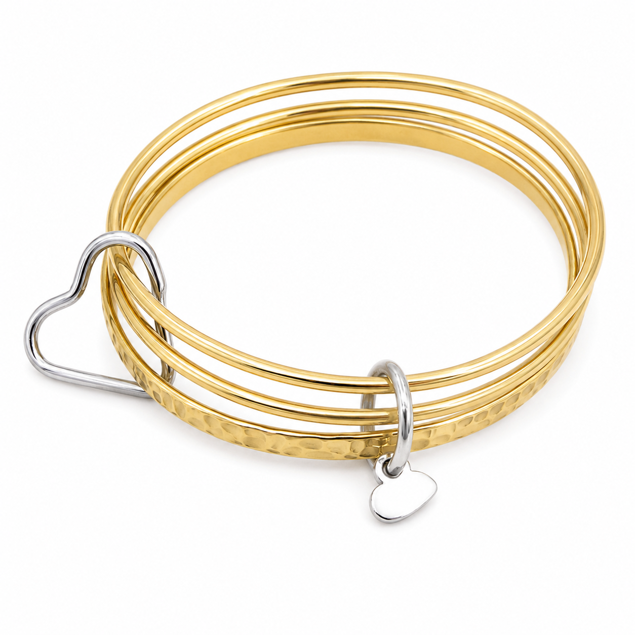 Two-Tone Heart Charm Stainless Steel Bangle