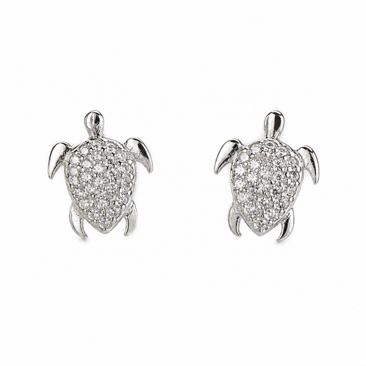 925 Sterling Silver Turtle Stud Earrings with Micro Pave Crystals Premium Quality Sea Turtle Jewelry