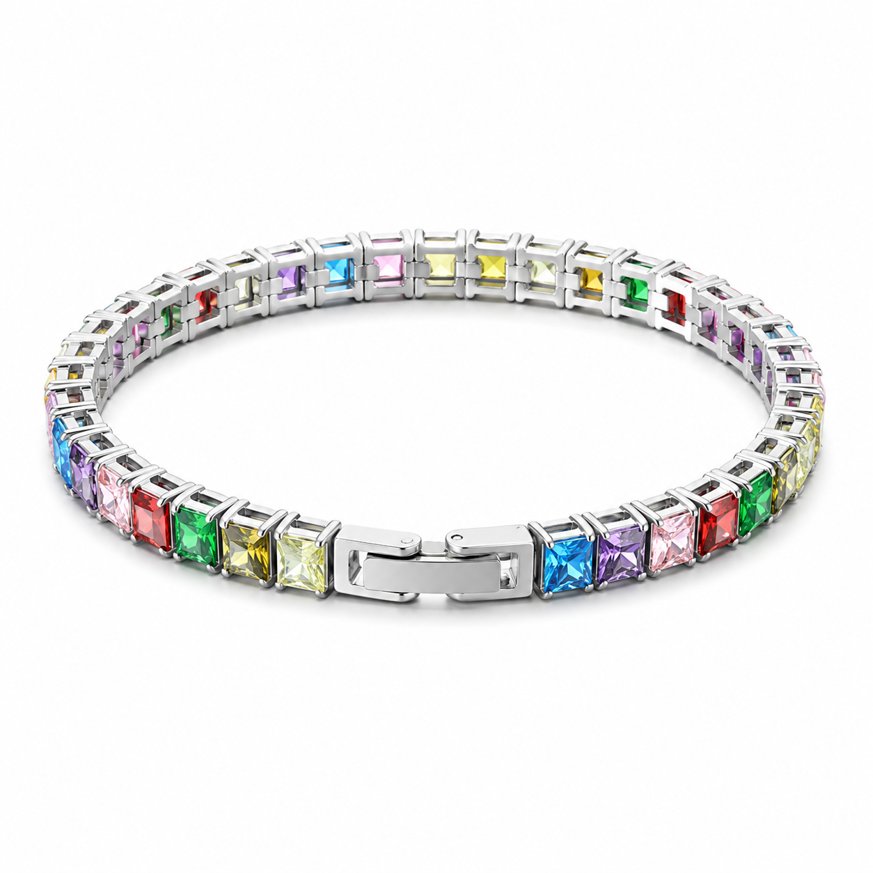 Rainbow Crystal Tennis Bracelet for Women Multicolor Luxury Stainless Steel Bracelet