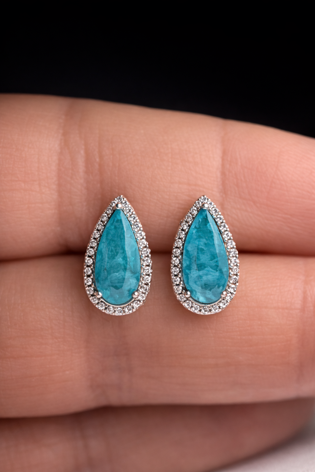 925 Sterling Silver Teardrop Turquoise Earrings with Crystal Halo Elegant Pear Cut Blue Gemstone Studs