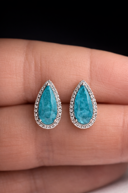 925 Sterling Silver Teardrop Turquoise Earrings with Crystal Halo Elegant Pear Cut Blue Gemstone Studs