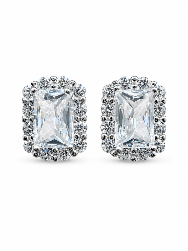 925 Sterling Silver Stud Earrings With Emerald Cut Stone High Quality