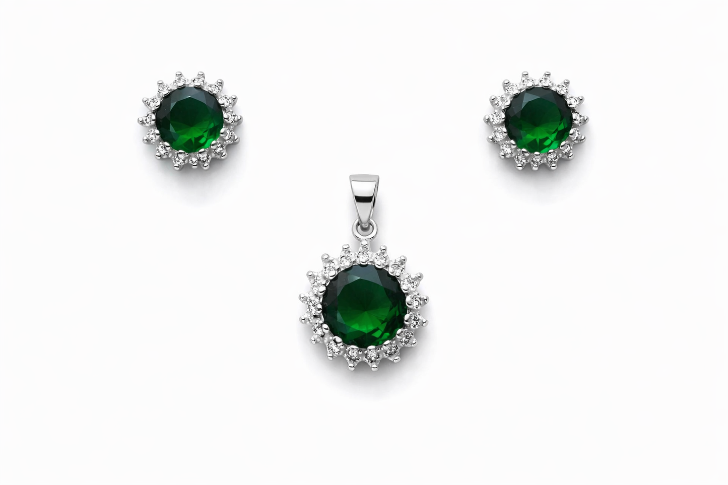 925 Sterling Silver Green Halo Necklace & Stud Earrings Set with Pavé Stones Elegant Emerald-Style Jewelry Set
