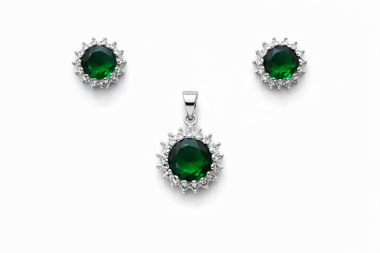 925 Sterling Silver Green Halo Necklace & Stud Earrings Set with Pavé Stones Elegant Emerald-Style Jewelry Set