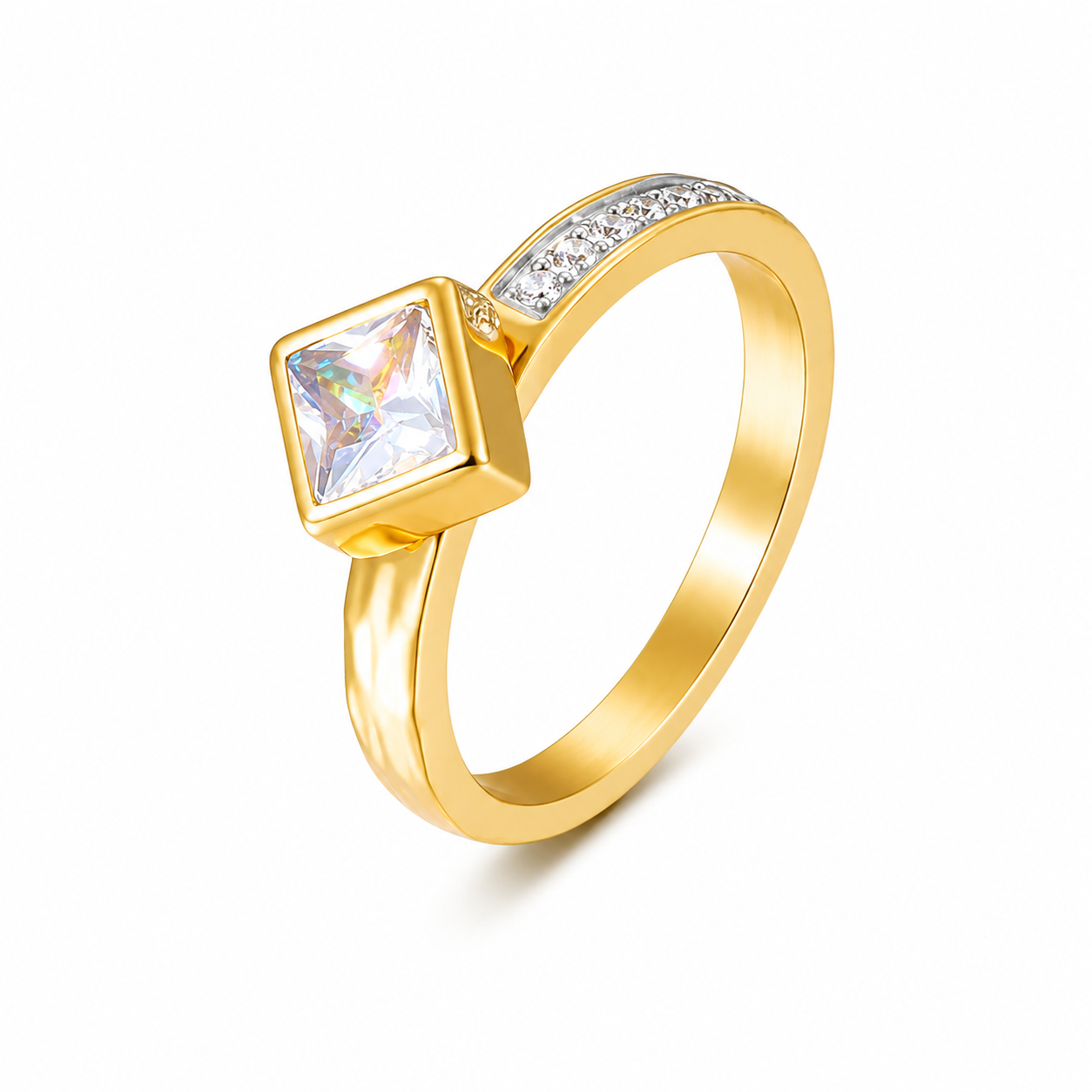 Princess Cut Solitaire Ring Contemporary Gold Stainless Steel Engagement Ring