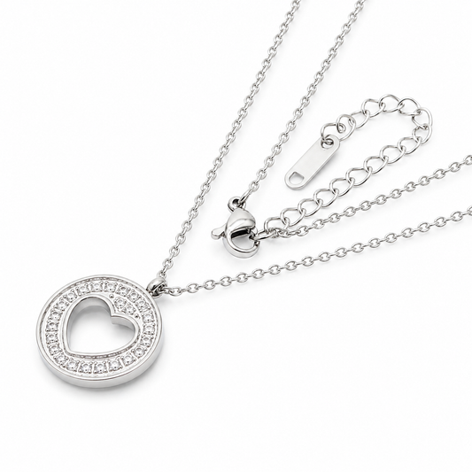Crystal Heart Silver Stainless Steel Necklace