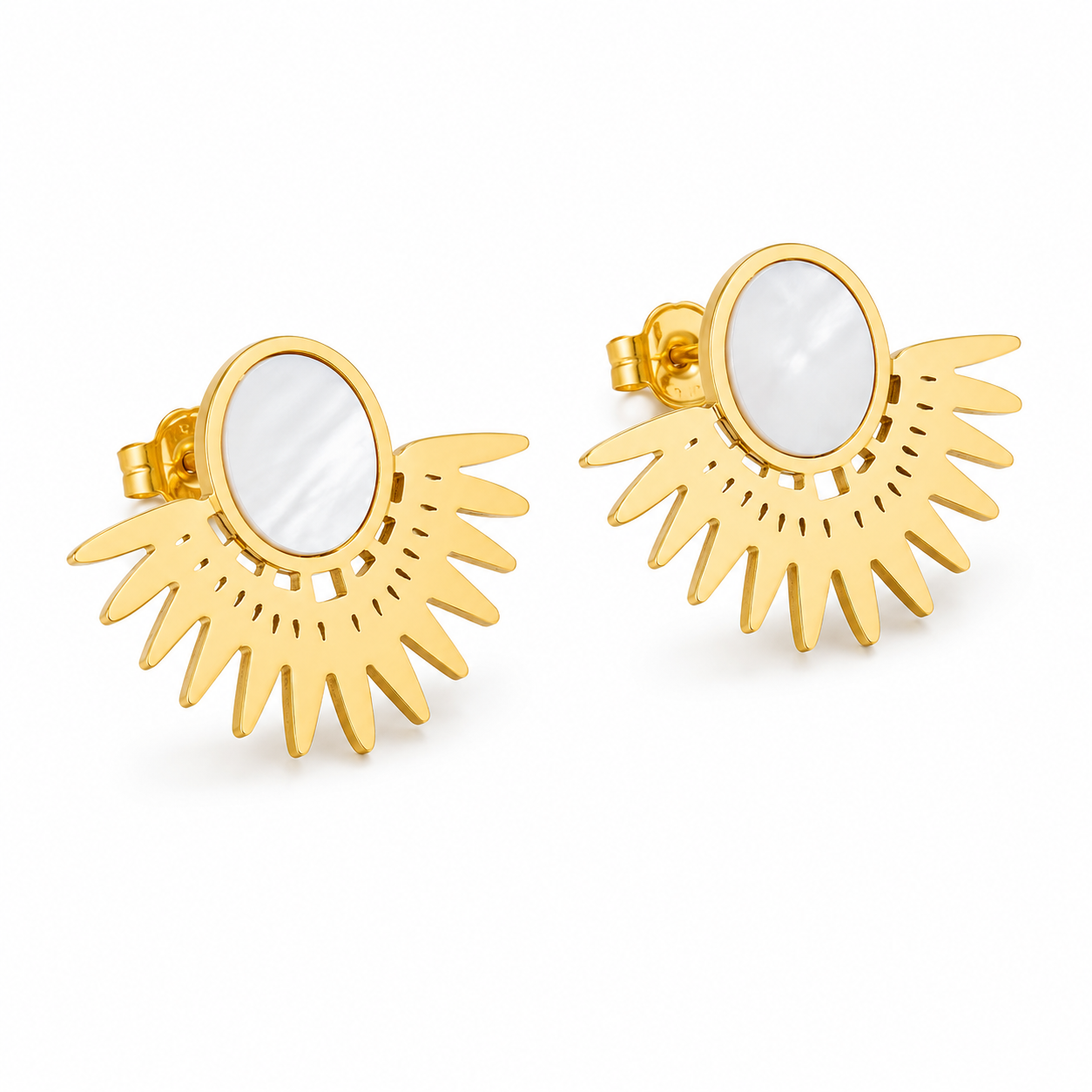 Sunburst Mother of Pearl Stud Earrings Bold Contemporary Gold Statement Earrings